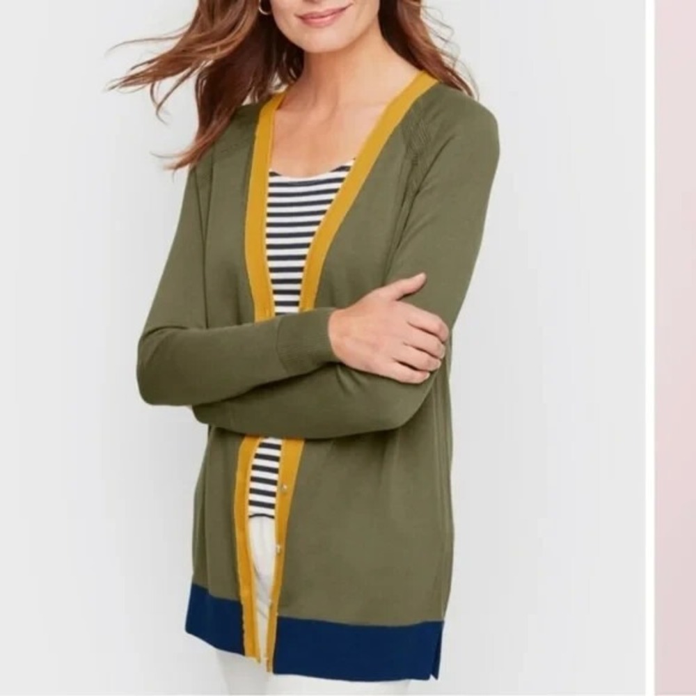Talbots Cardigan Sweater Women's M Medium Green Yellow Rayon Color block